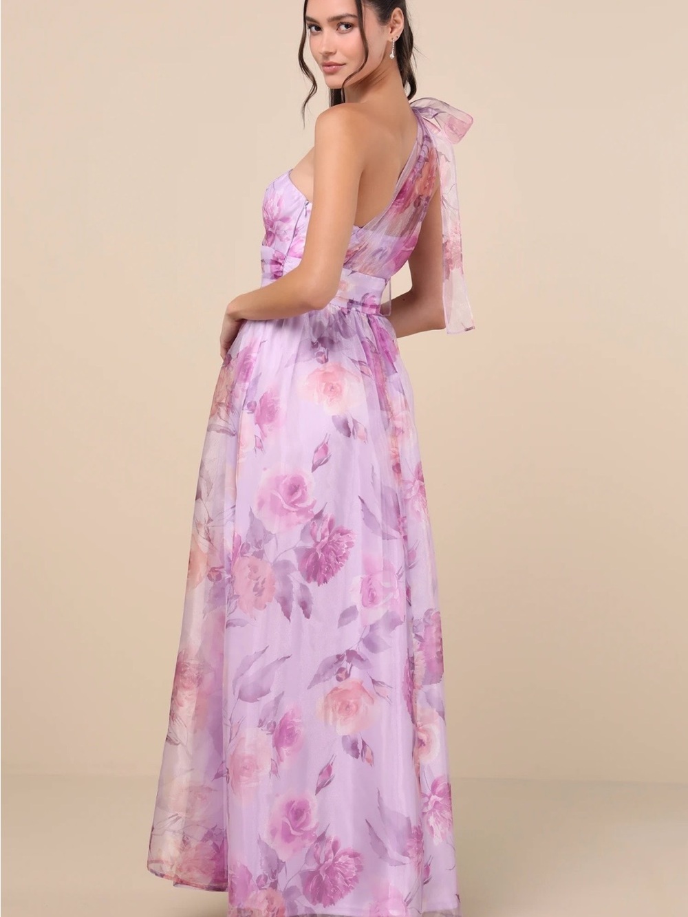 Lulu's Lavender Floral One-Shoulder Gown with Side Slit - Picture 3 of 7